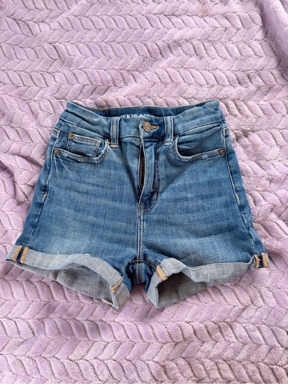 American Eagle Outfitters Light Blue High-Rise Rolled Hem Denim Shorts